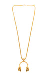 14 inch gold chain necklace with 1 inch pendant. Pendant is gold pair of old school headphones.