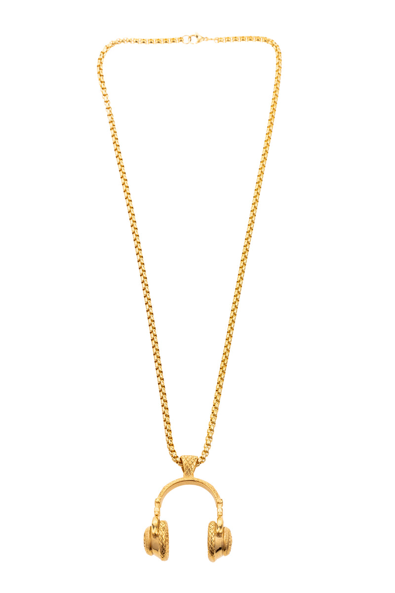 14 inch gold chain necklace with 1 inch pendant. Pendant is gold pair of old school headphones.