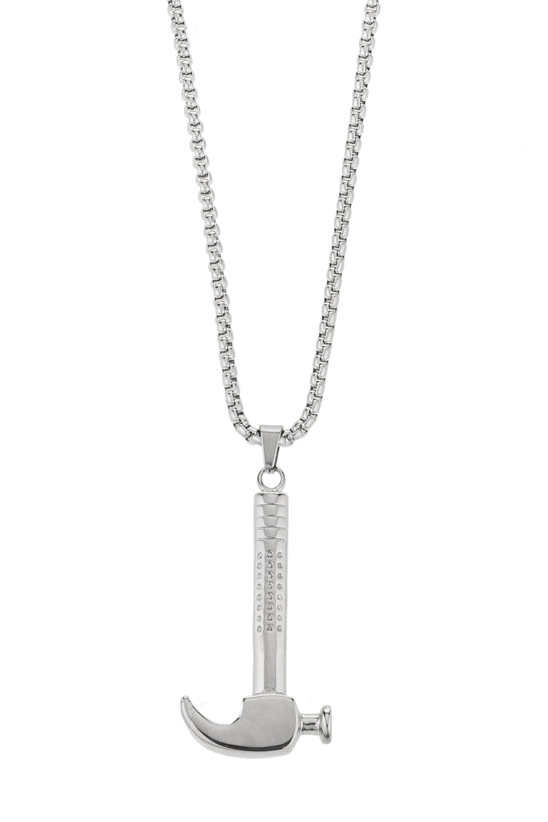 Thin silver chain with silver hammer pendant.