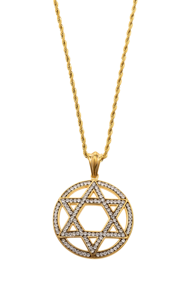 Gold chain with gold star of David circle pendant. Star of David and circle surrounding is encrusted with CZ crystal design.