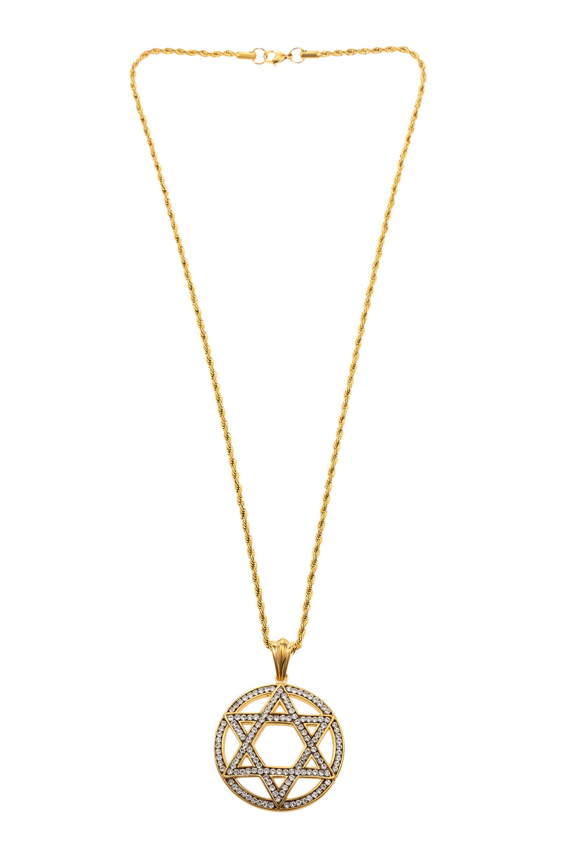 14 inch Gold chain with gold star of David circle pendant. Star of David and circle surrounding is encrusted with CZ crystal design. Lobser clasp shown.