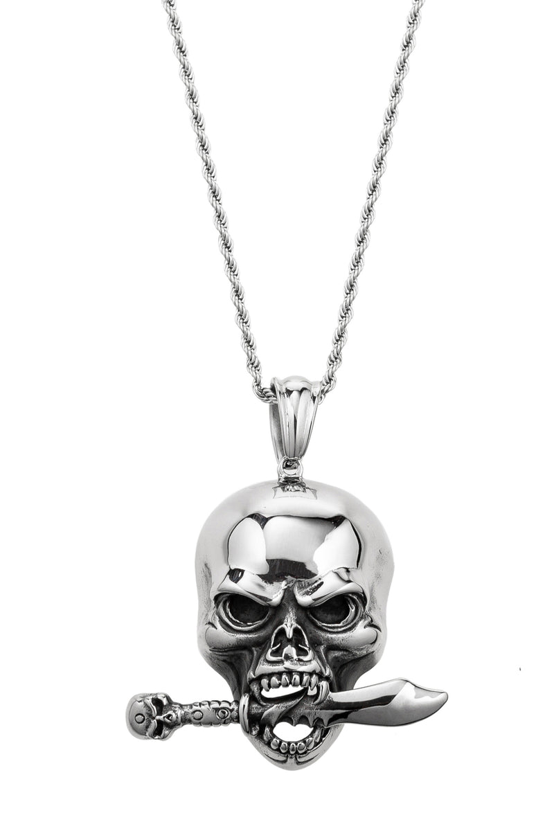 Silver Tone Skull Knife in mouth Pendant necklace