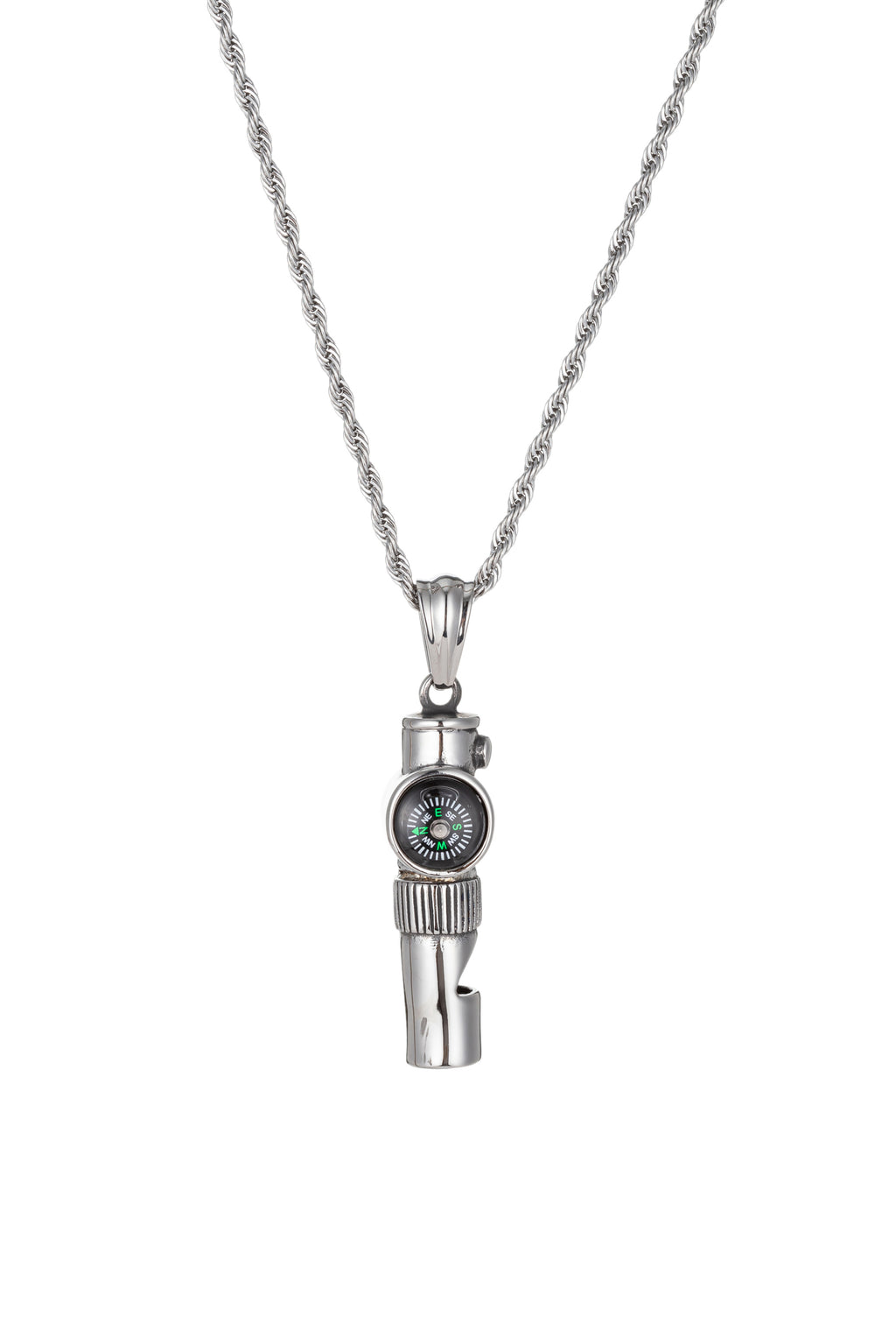 Silver titanium compass pendant necklace.
