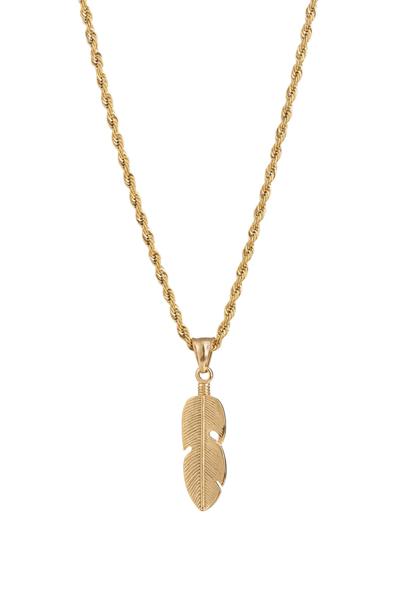 Gold titanium feather pendant necklace.