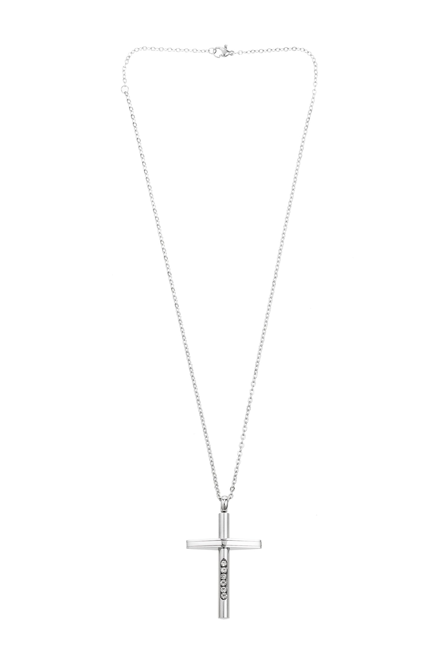 Approximately 14 inch silver chain with 2 inch cross pendant and lobster clasp.. Cross pendant features five CZ crystals.