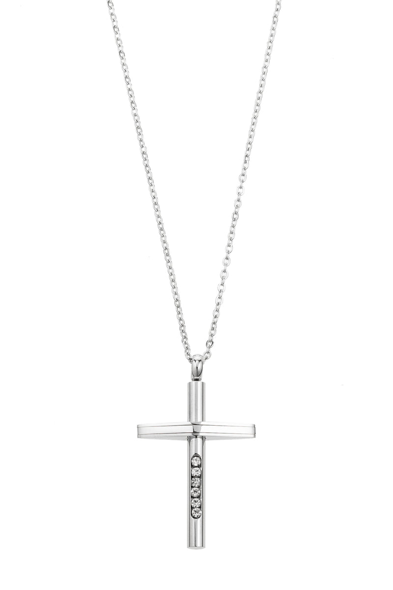 Approximately 14 inch silver chain with 2 inch cross pendant. Cross pendant features five CZ crystals.