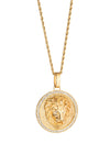 Gold tone titanium lion head pendant necklace studded with CZ crystals.