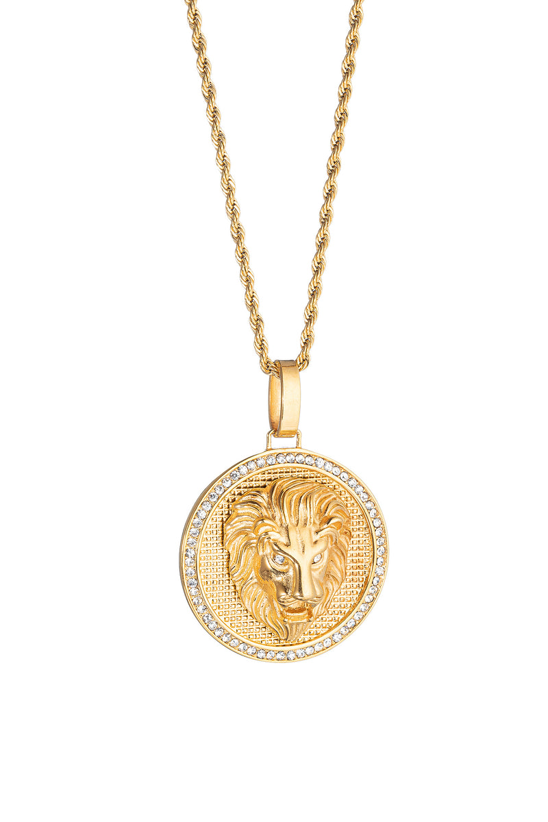 Gold tone titanium lion head pendant necklace studded with CZ crystals.