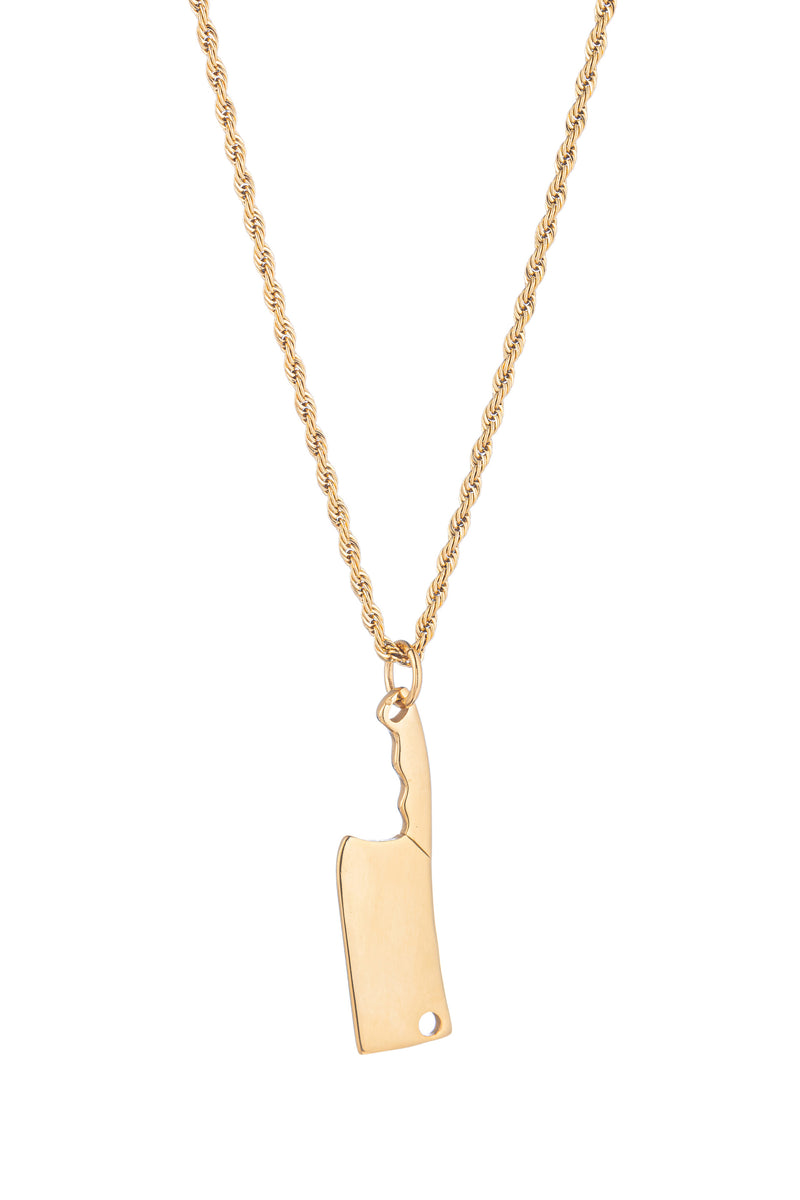 Gold titanium necklace with a butcher knife pendant.