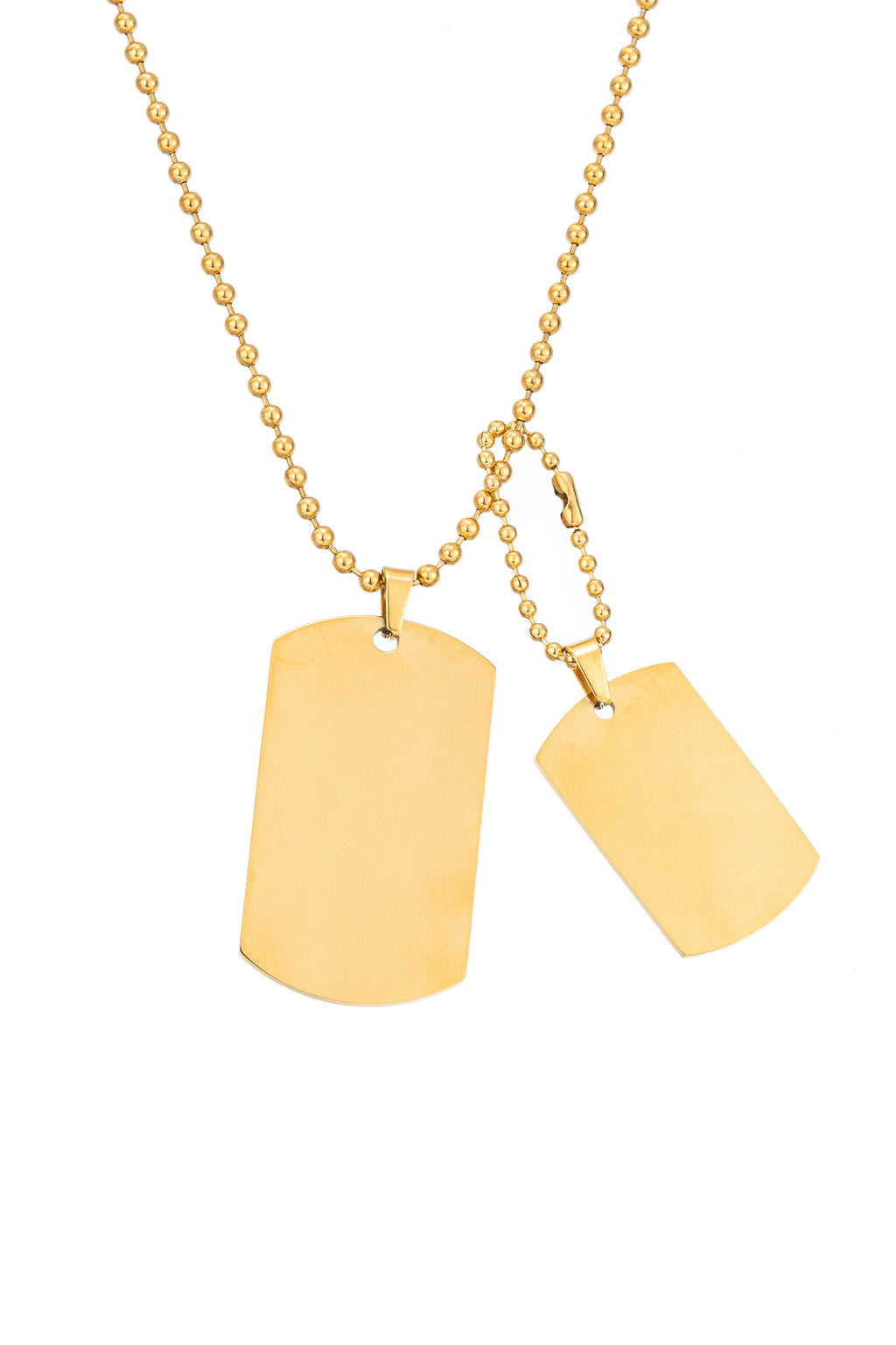 Gold tone titanium dog tag necklace.