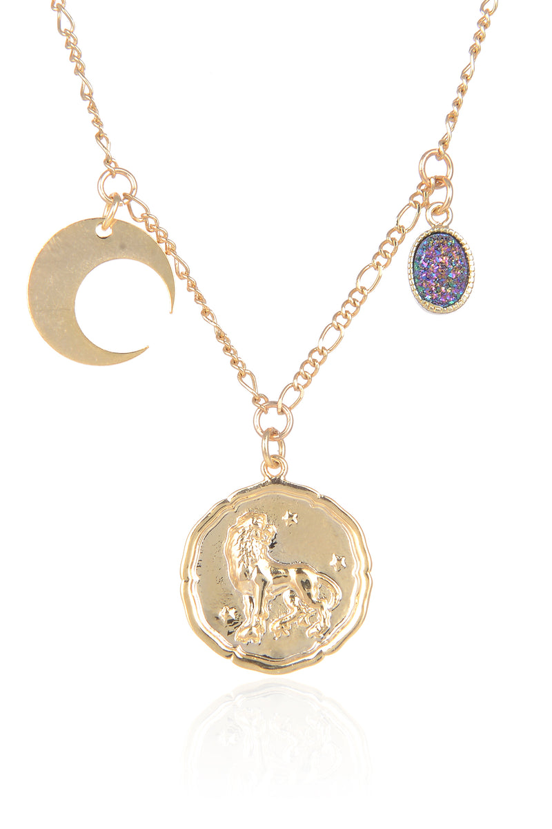 Zodiac Druzy Moon Necklace: Leo
