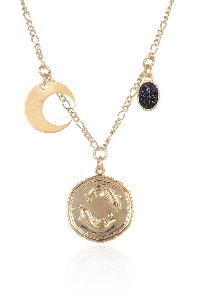 Zodiac Druzy Moon Necklace: Pisces