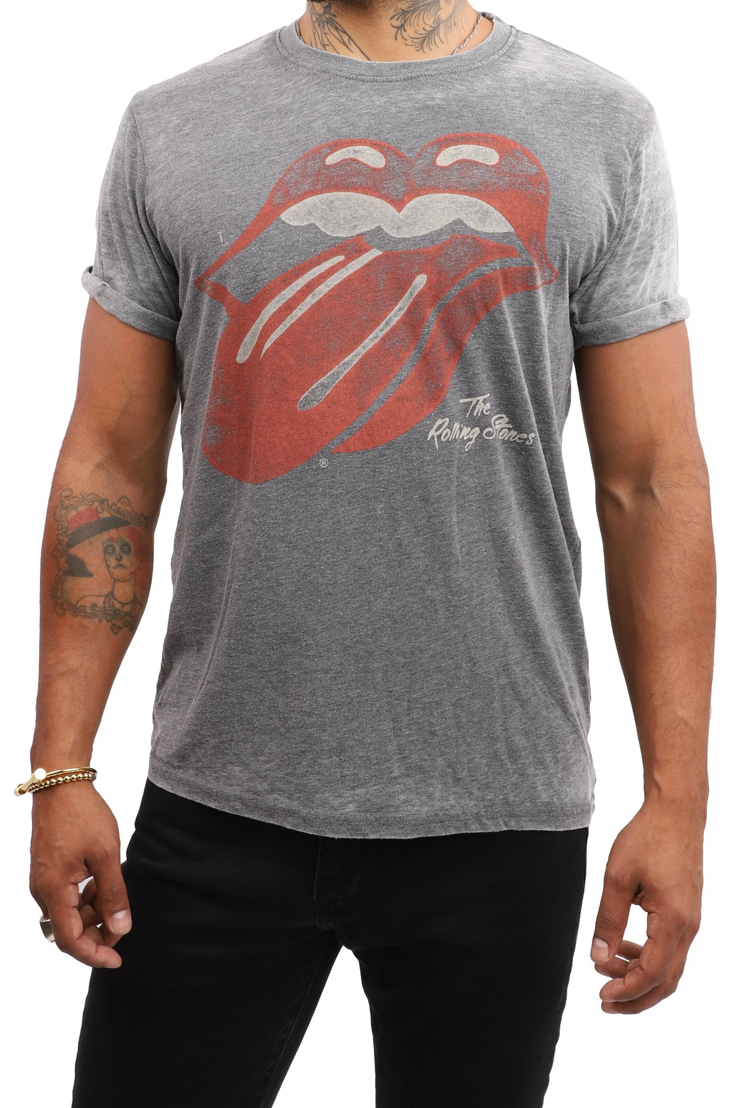 Rolling Stones T Shirt Tongue Logo Distressed Grey Eye Candy Los Angeles