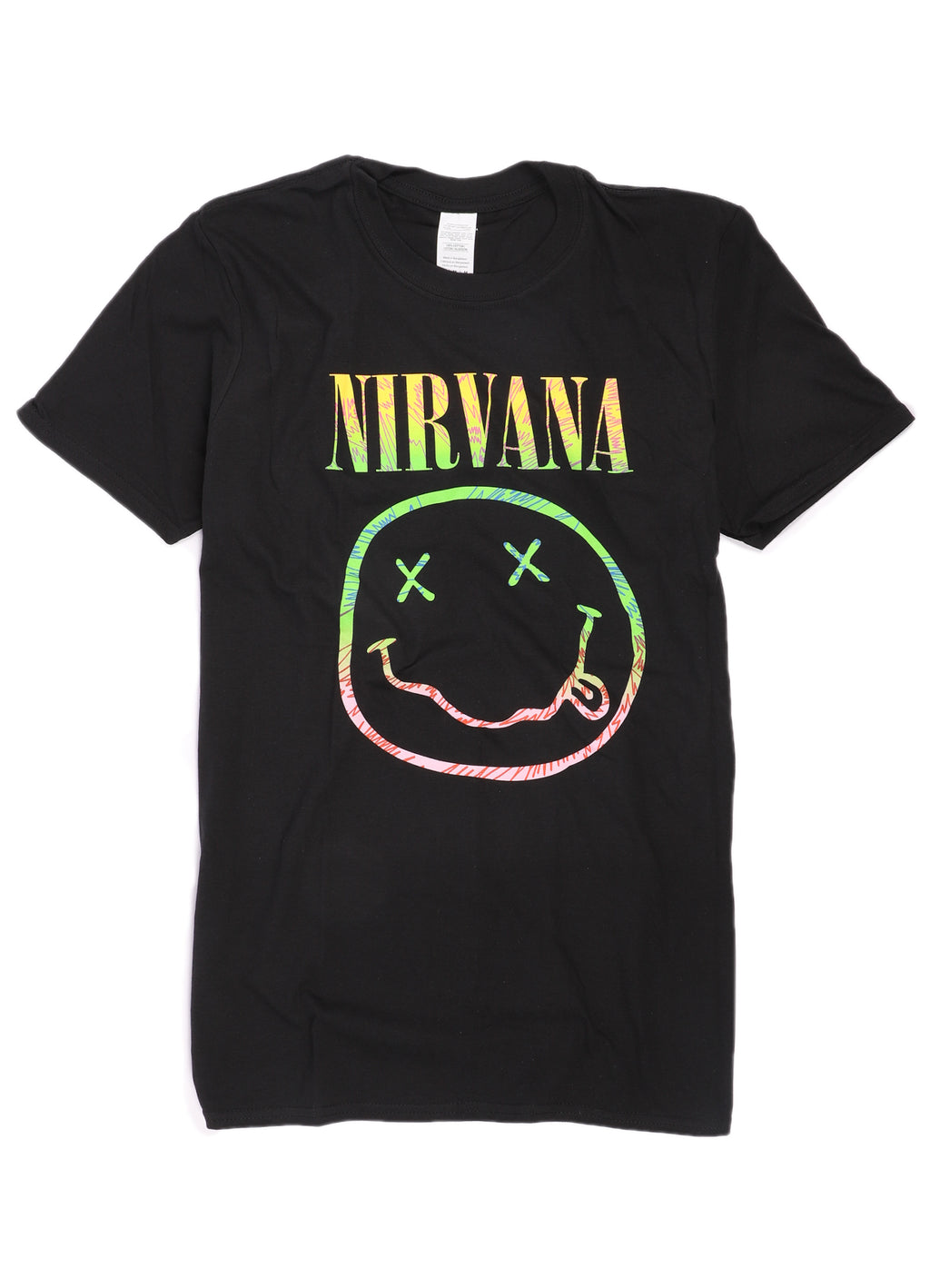 Nirvana smile t-shirt with a rainbow graphic.